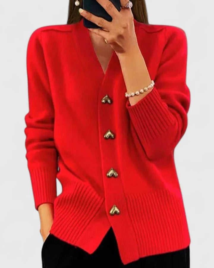 Women's V-Neck Gold Heart-Button Knit Cardigan