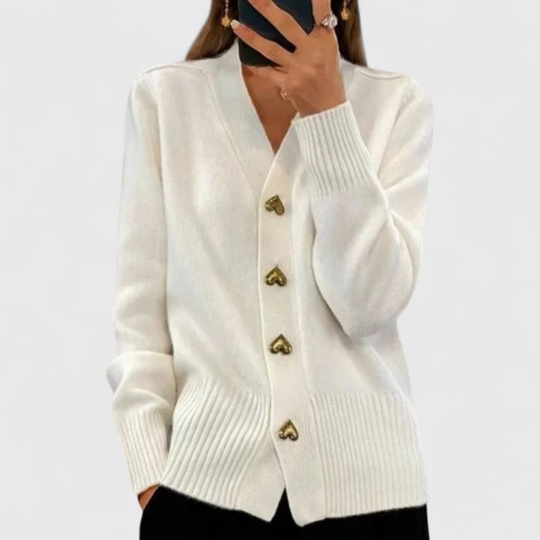Women's V-Neck Gold Heart-Button Knit Cardigan
