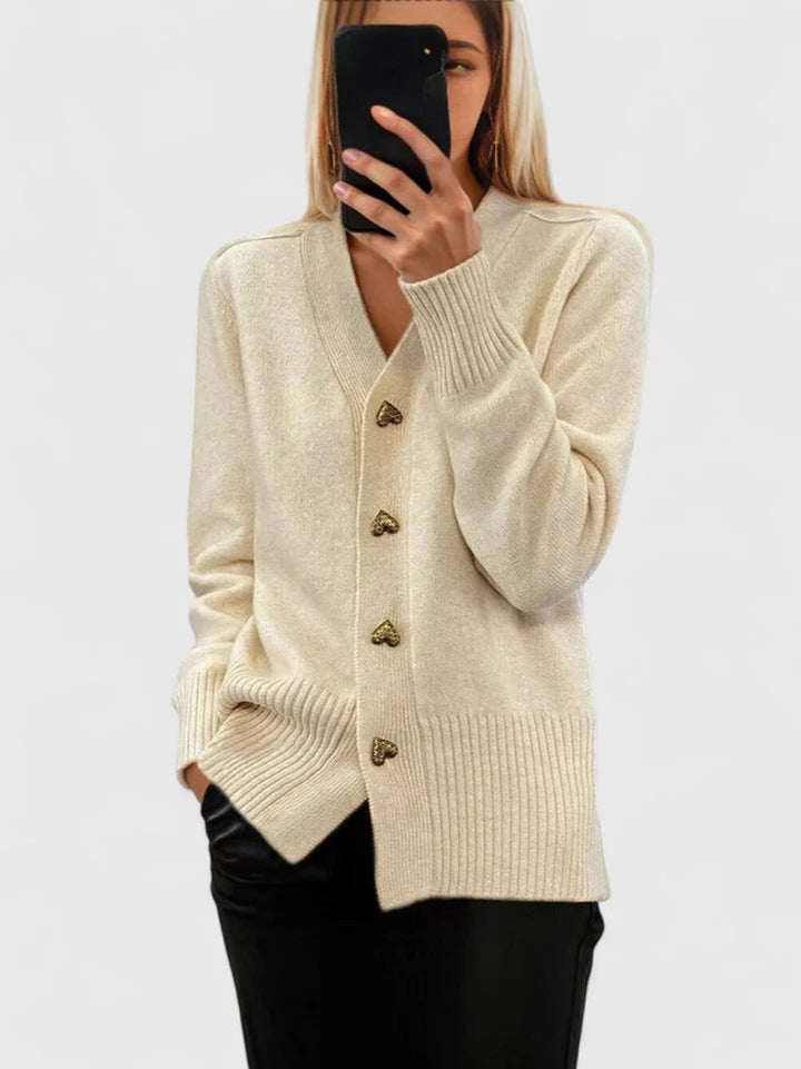 Women's V-Neck Gold Heart-Button Knit Cardigan