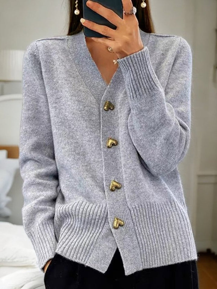 Women's V-Neck Gold Heart-Button Knit Cardigan Sweater