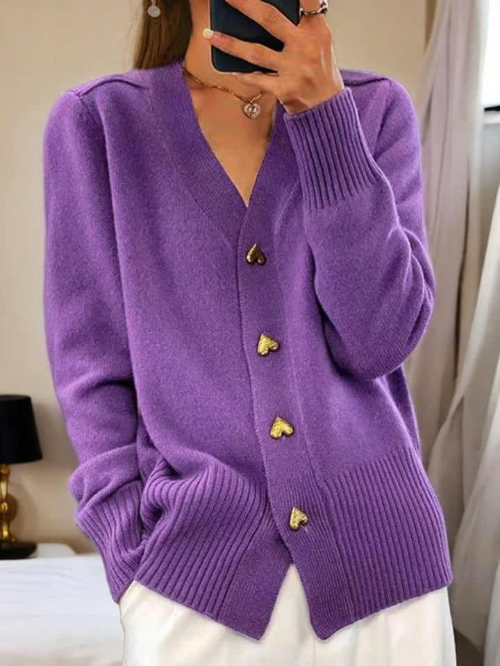 Women's V-Neck Gold Heart-Button Knit Cardigan Sweater