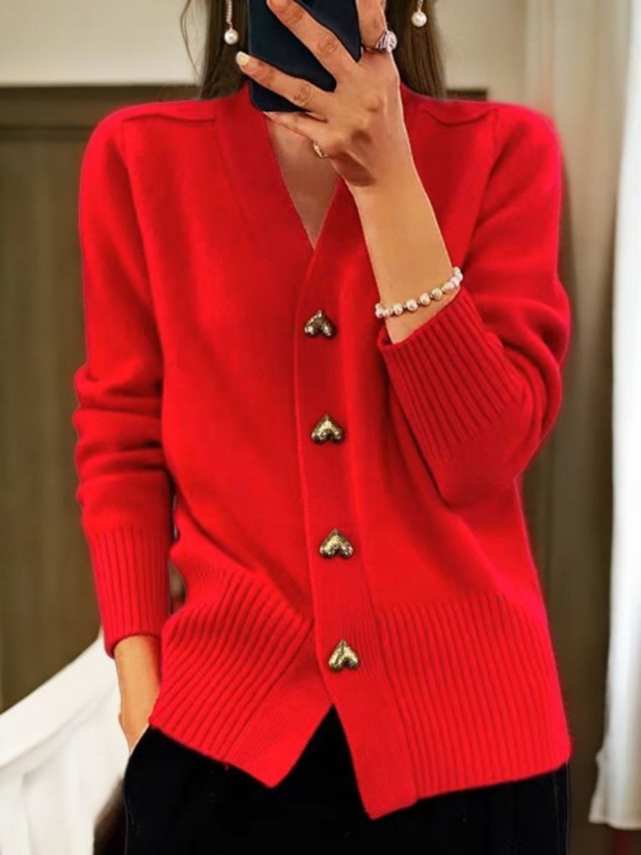 Women's V-Neck Gold Heart-Button Knit Cardigan Sweater