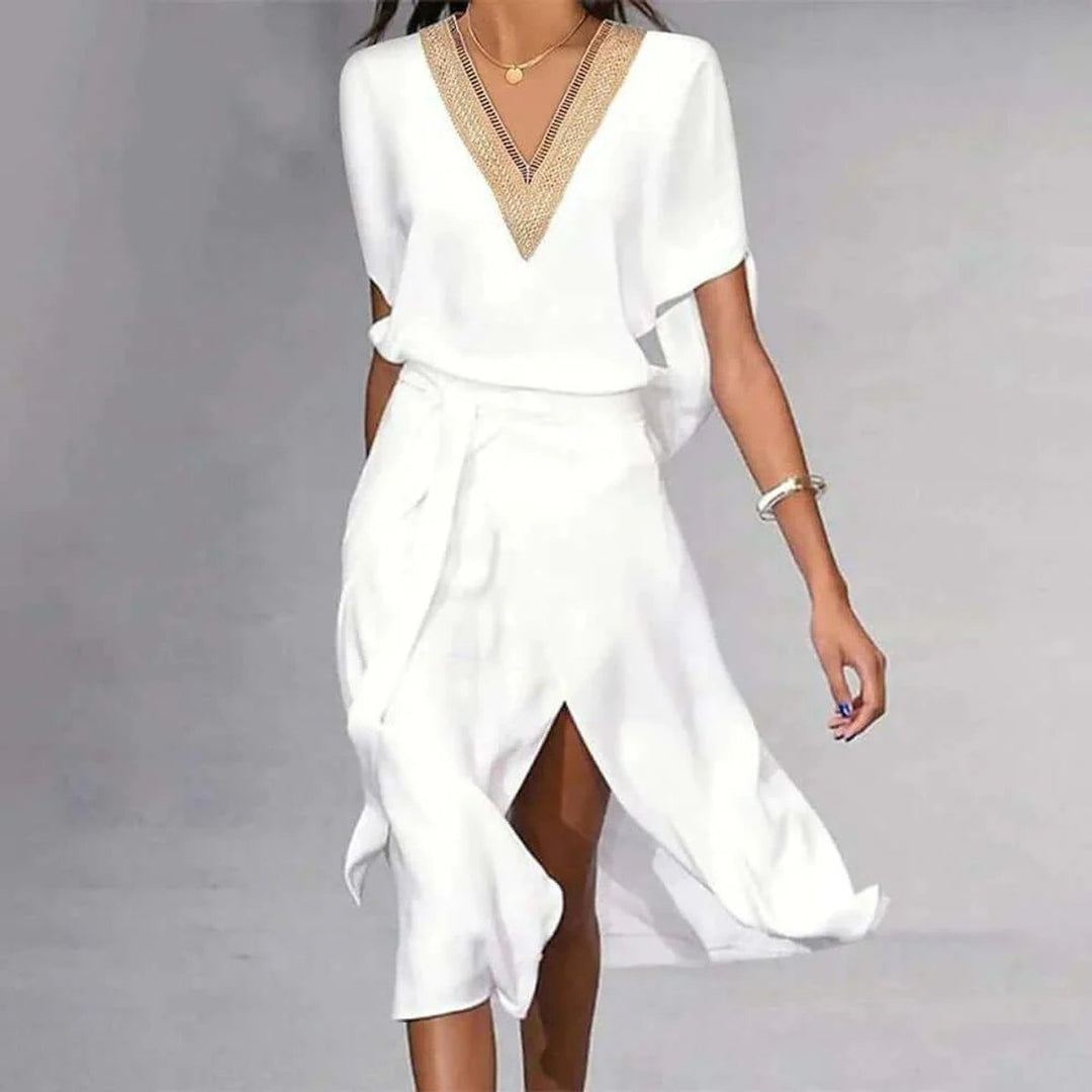 Women's V-Neck Gold Trim Wrap Fall Midi Dress