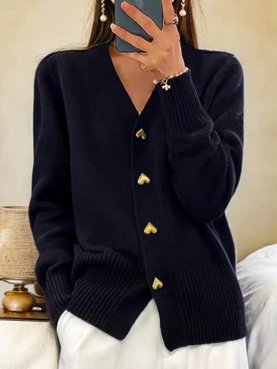 Women's V-Neck Heart-Button Knit Cardigan Sweater