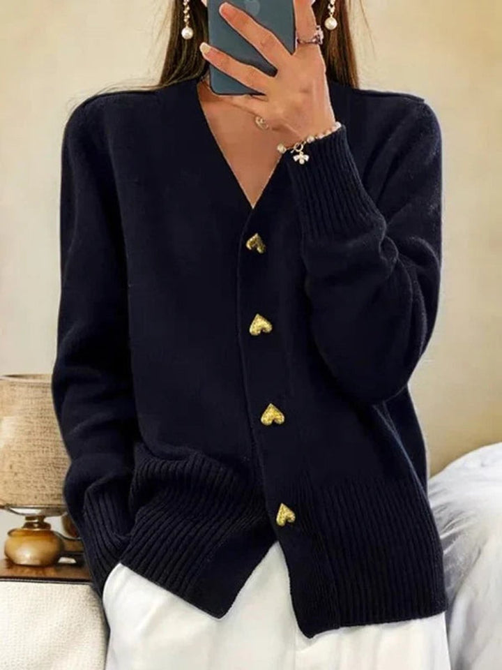 Women's V-Neck Heart-Button Knit Cardigan Sweater