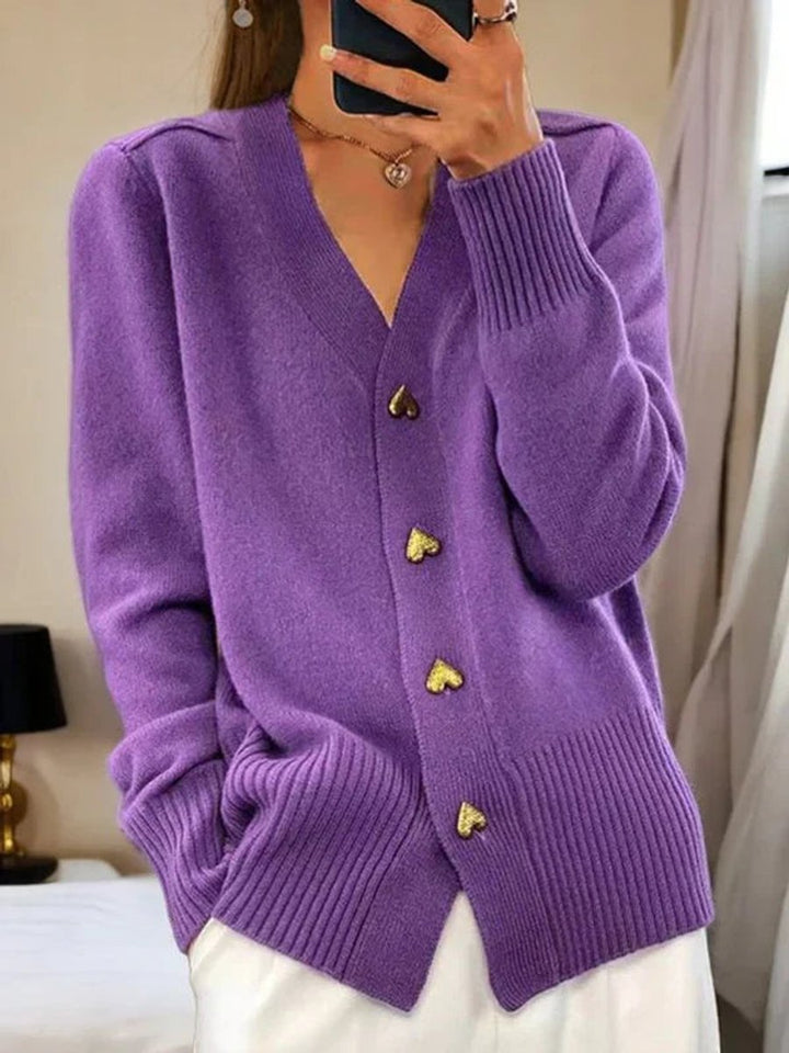 Women's V-Neck Heart-Button Knit Cardigan Sweater