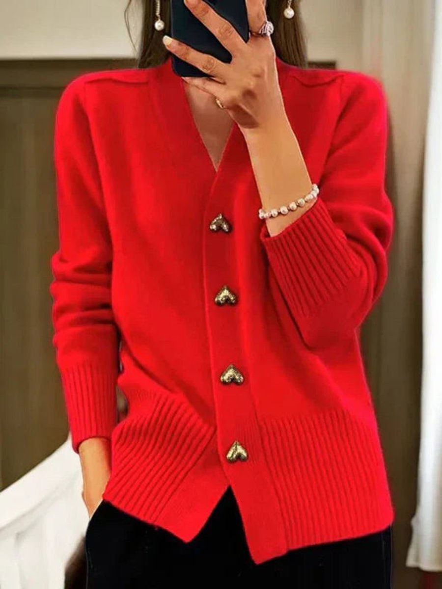 Women's V-Neck Heart-Button Knit Cardigan Sweater