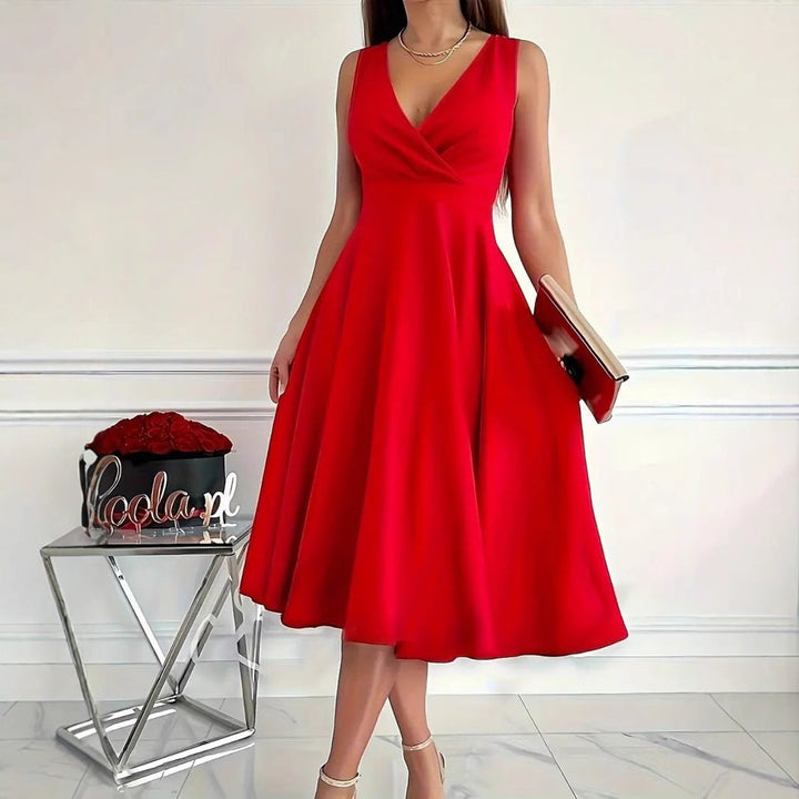 Women's V-Neck High-Waist Sleeveless Fall Midi Dress