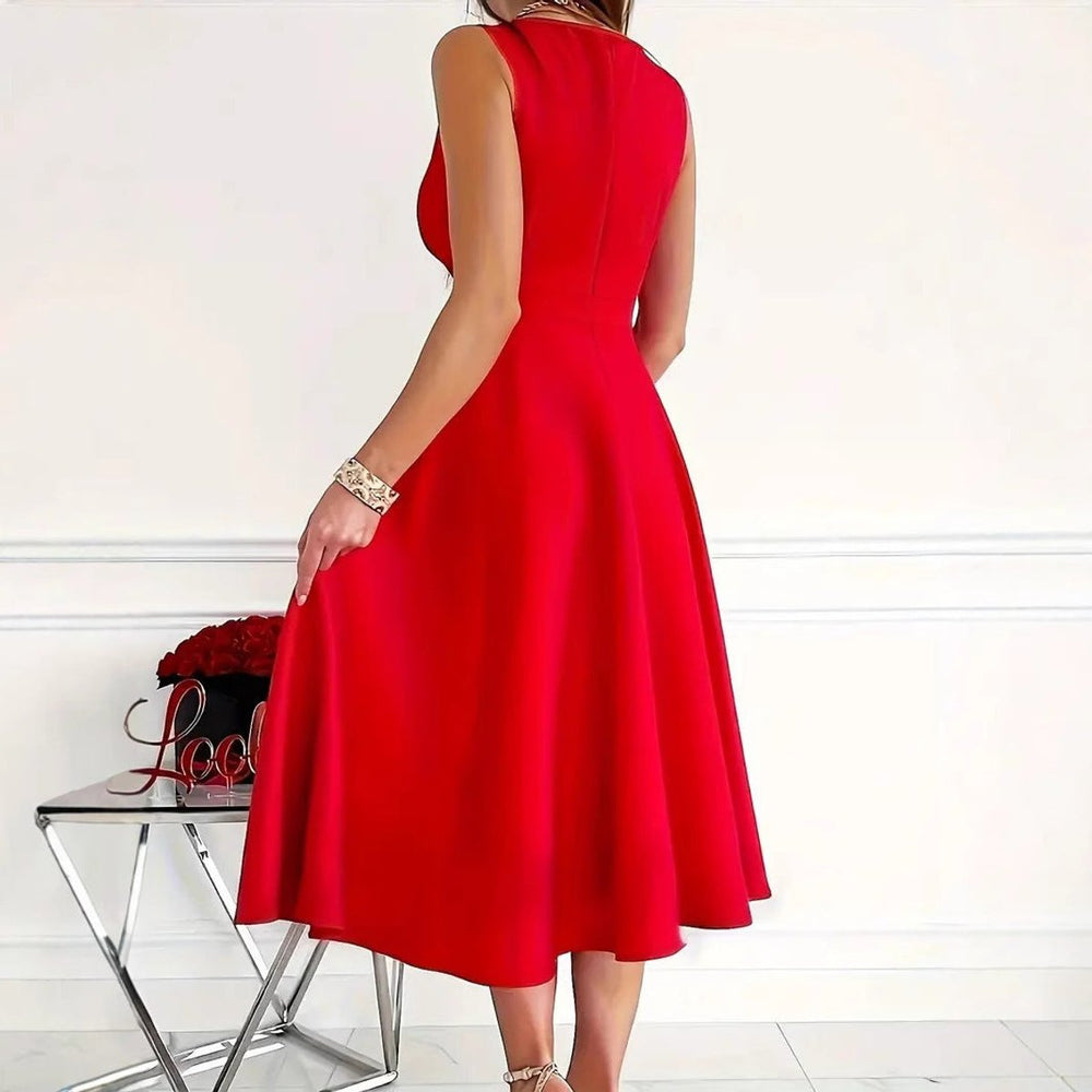 Women's V-Neck High-Waist Sleeveless Fall Midi Dress