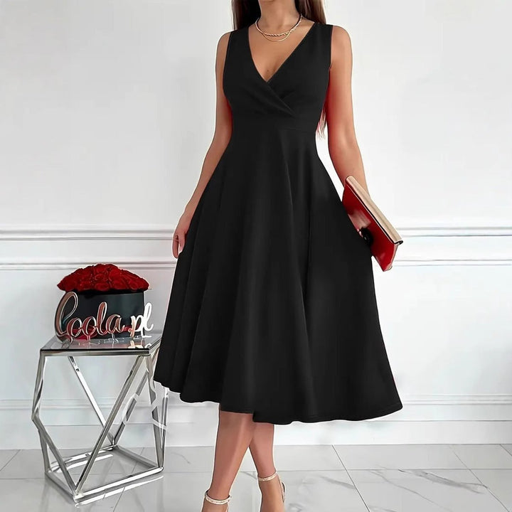 Women's V-Neck High-Waist Sleeveless Fall Midi Dress