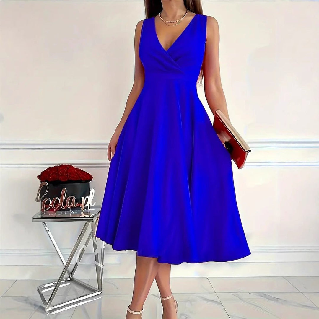 Women's V-Neck High-Waist Sleeveless Fall Midi Dress