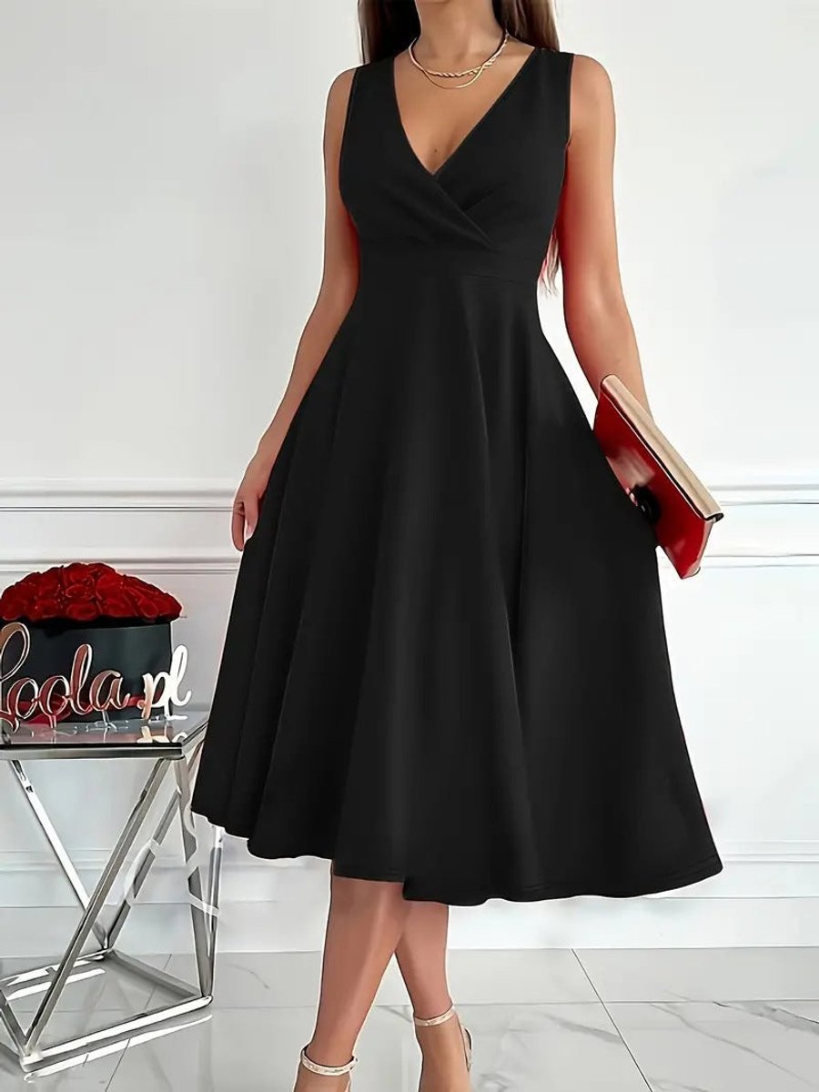 Women's V-Neck High-Waist Sleeveless Fall Midi Dress