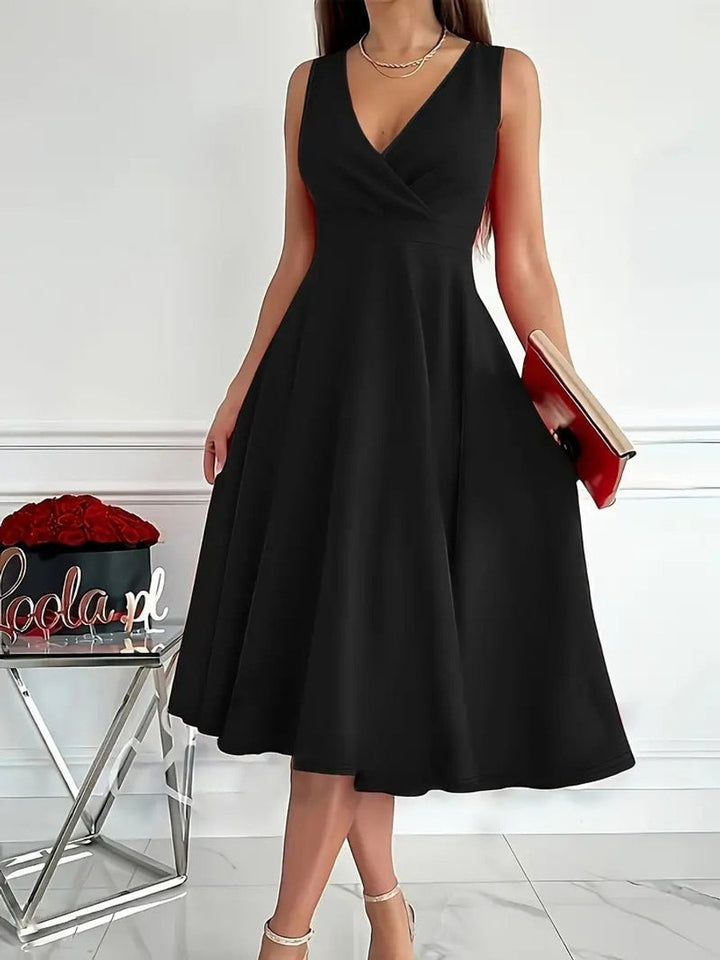 Women's V-Neck High-Waist Sleeveless Fall Midi Dress