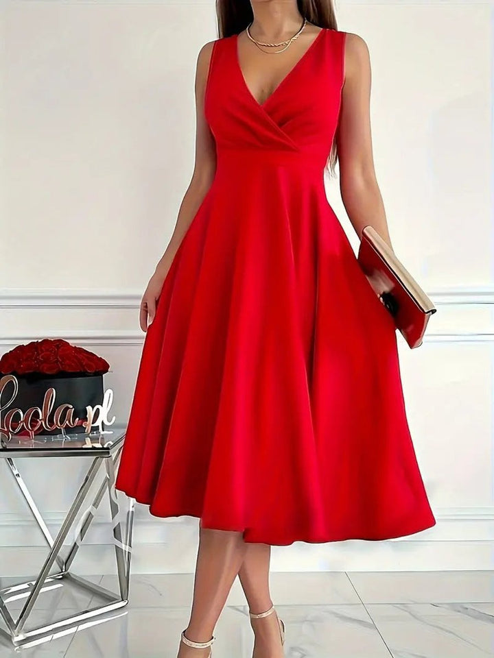 Women's V-Neck High-Waist Sleeveless Fall Midi Dress