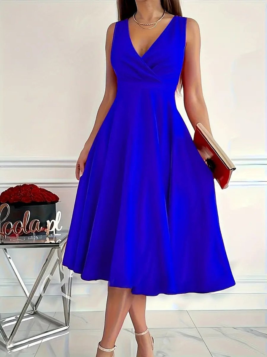 Women's V-Neck High-Waist Sleeveless Fall Midi Dress