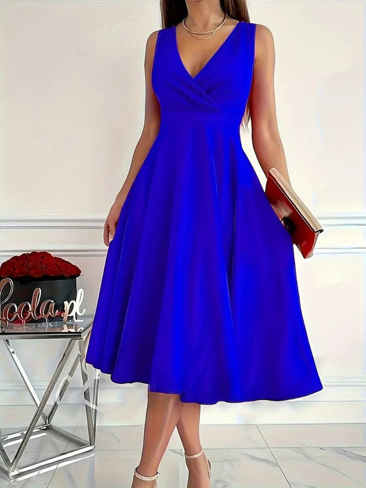 Women's V-Neck High-Waist Sleeveless Fall Midi Dress