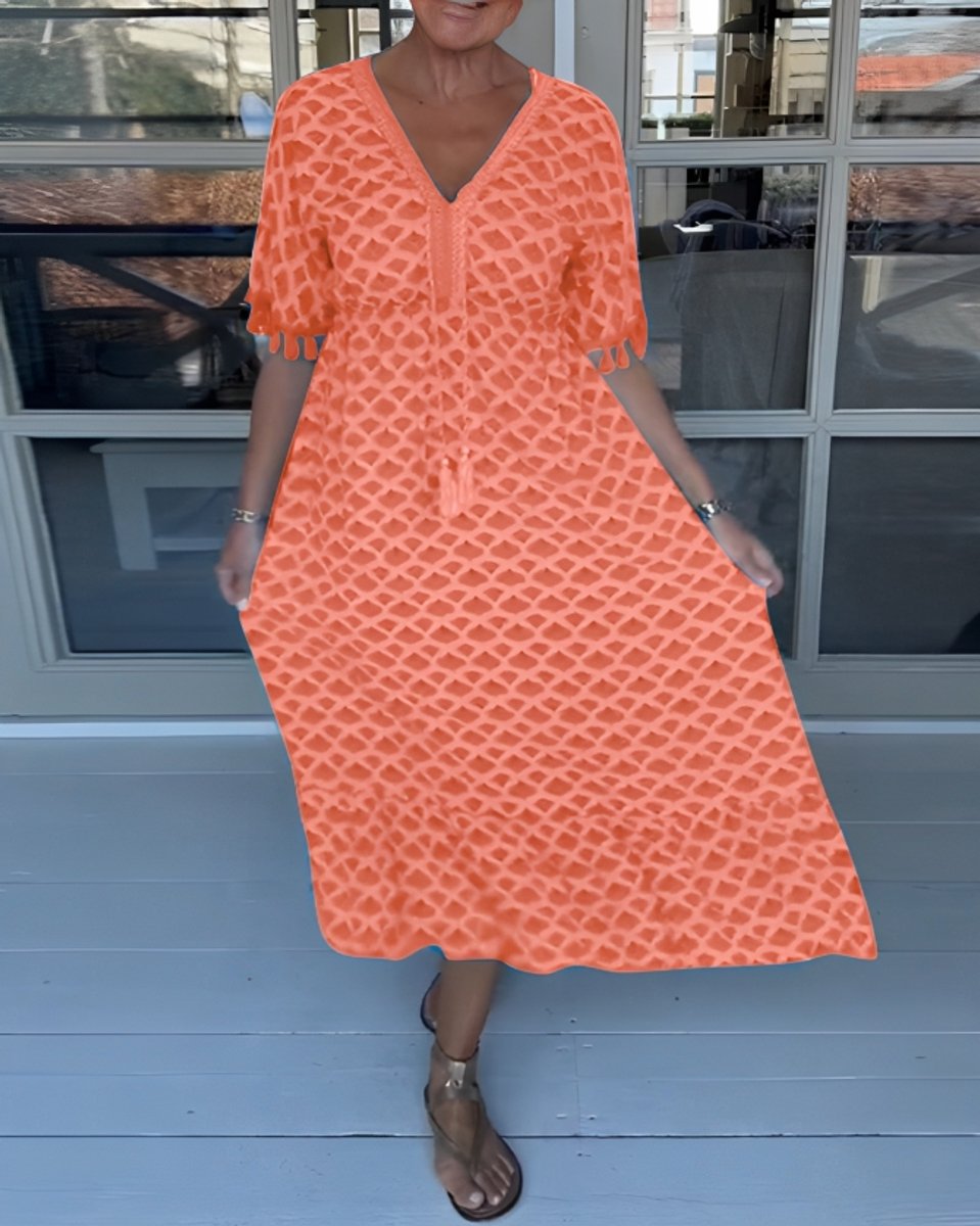 Women's V-Neck High-Waist Tassel A-Line Fall Midi Dress