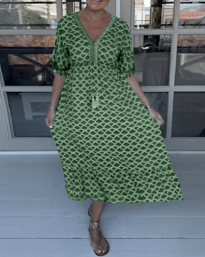 Women's V-Neck High-Waist Tassel A-Line Fall Midi Dress