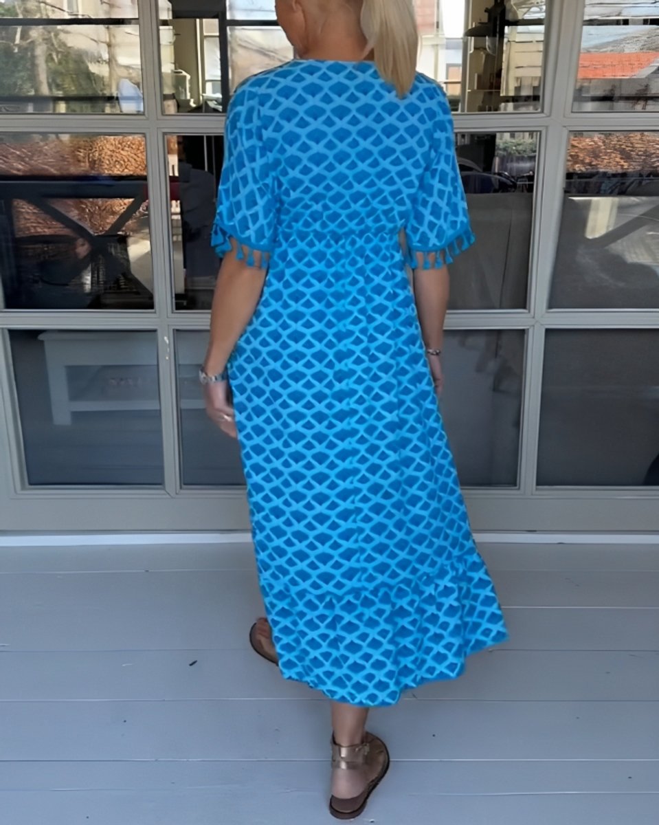 Women's V-Neck High-Waist Tassel A-Line Fall Midi Dress
