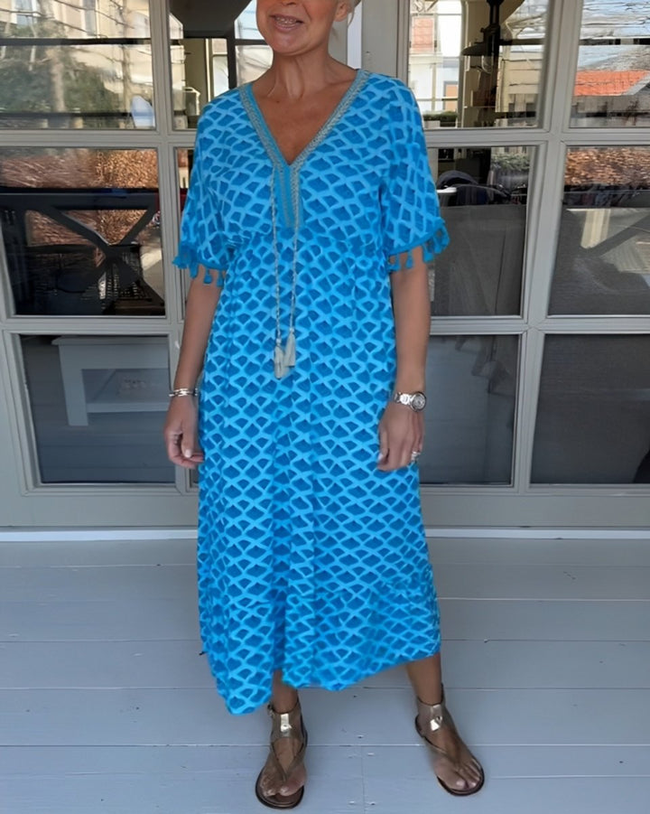 Women's V-Neck High-Waist Tassel A-Line Fall Midi Dress