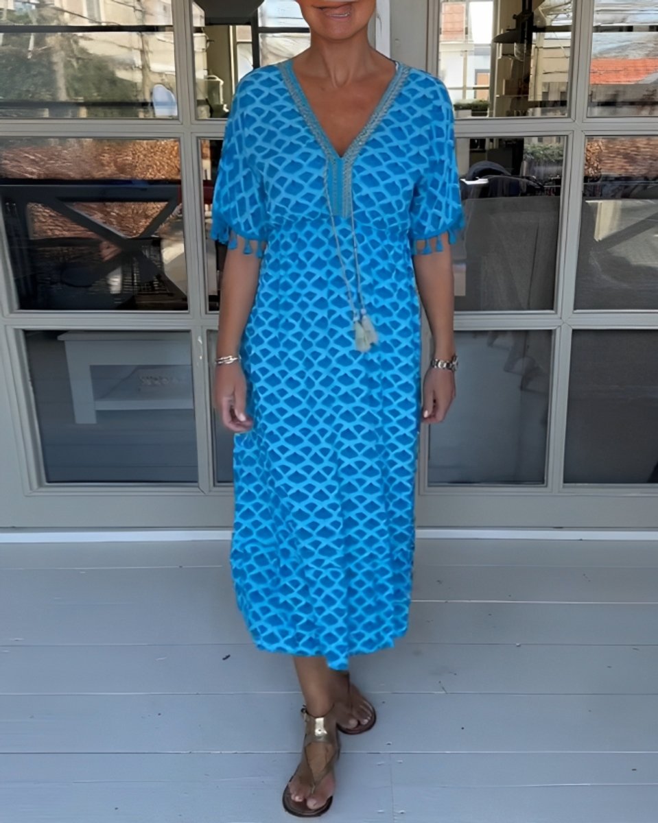 Women's V-Neck High-Waist Tassel A-Line Fall Midi Dress