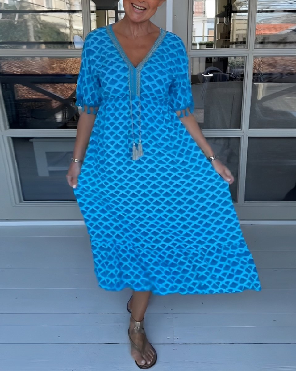 Women's V-Neck High-Waist Tassel A-Line Fall Midi Dress