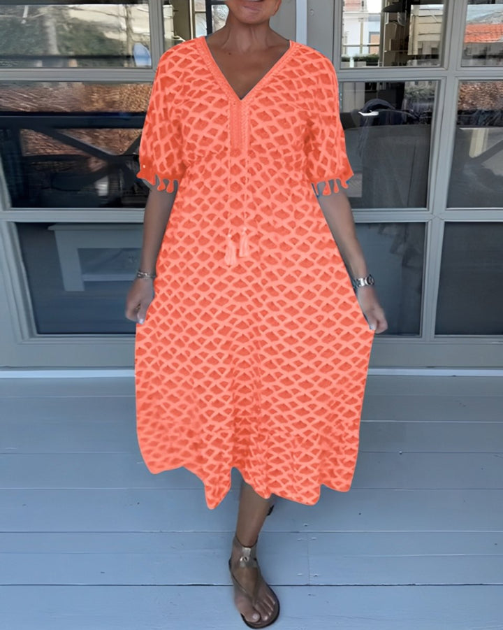 Women's V-Neck High-Waist Tassel A-Line Fall Midi Dress