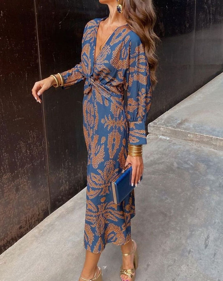 Women's V-Neck Knotted-Waist Printed Long-Sleeve Maxi Dress - Blue