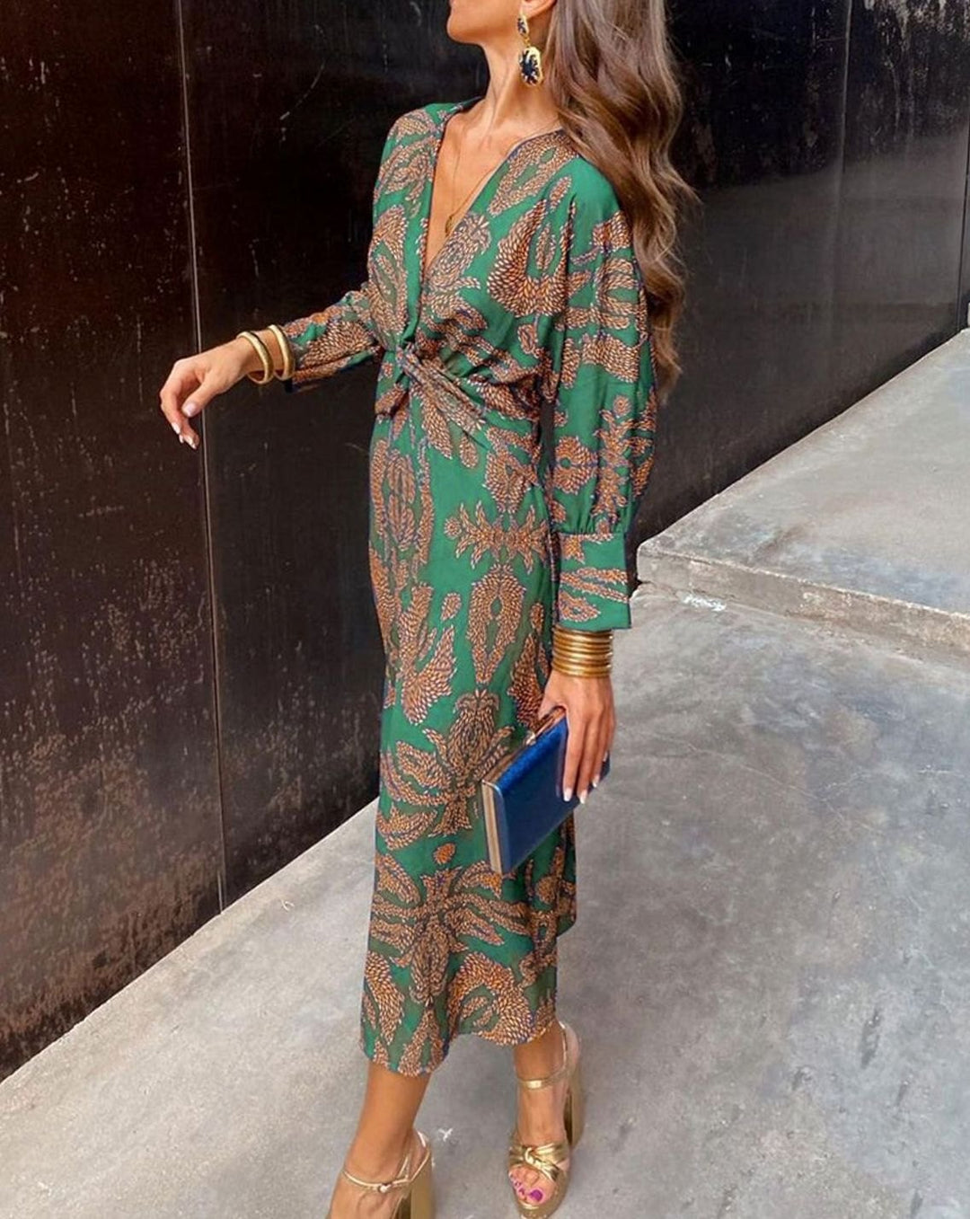 Women's V-Neck Knotted-Waist Printed Long-Sleeve Maxi Dress - Green