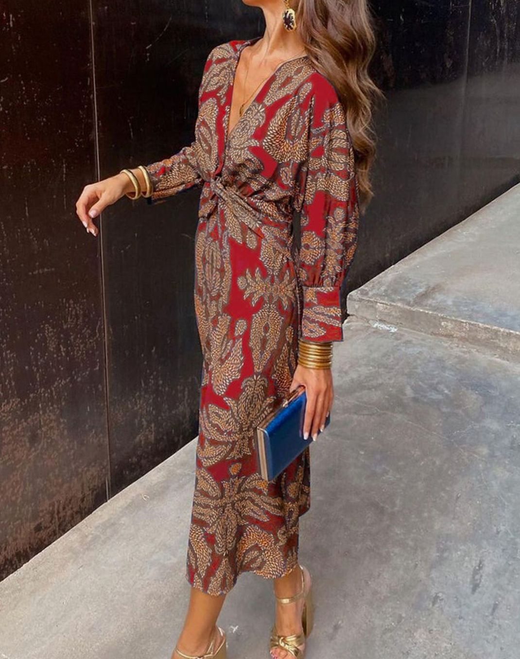 Women's V-Neck Knotted-Waist Printed Long-Sleeve Maxi Dress - Red