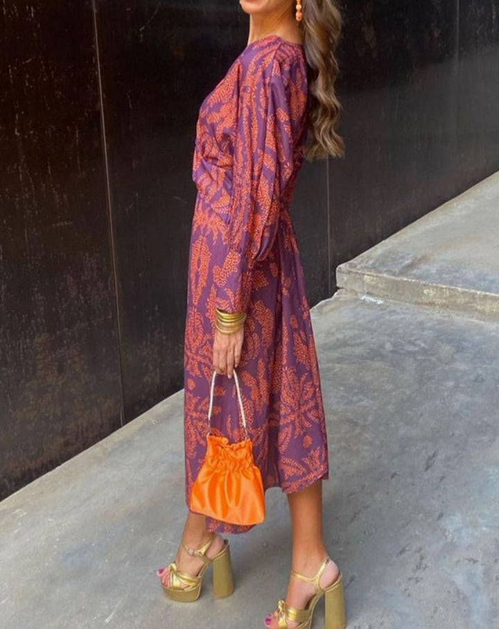 Women's V-Neck Knotted-Waist Printed Long-Sleeve Maxi Dress - Purple