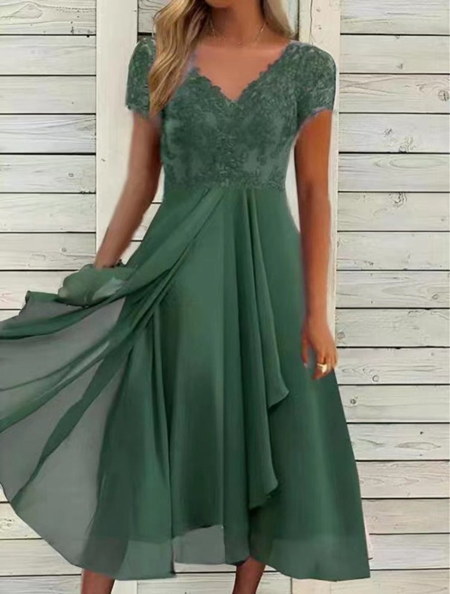 Women's V-Neck Lace Bodice Chiffon Fall Midi Dress