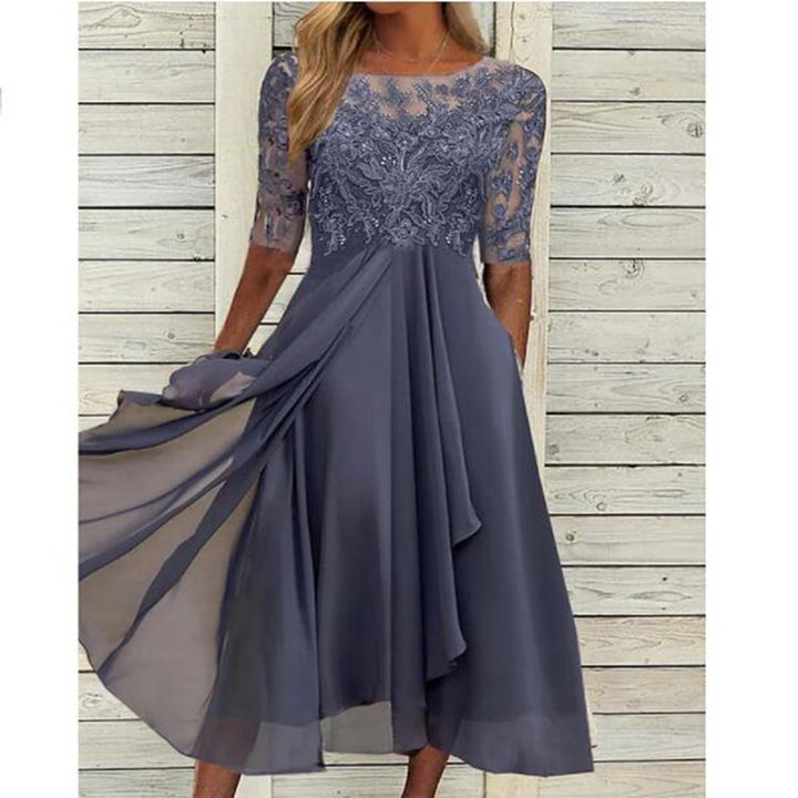 Women's V-Neck Lace Bodice Chiffon Fall Midi Dress