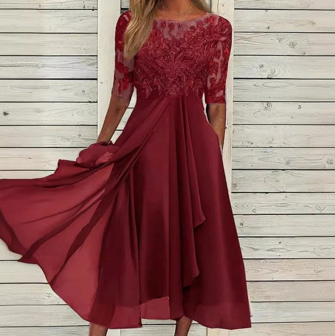Women's V-Neck Lace Bodice Chiffon Fall Midi Dress