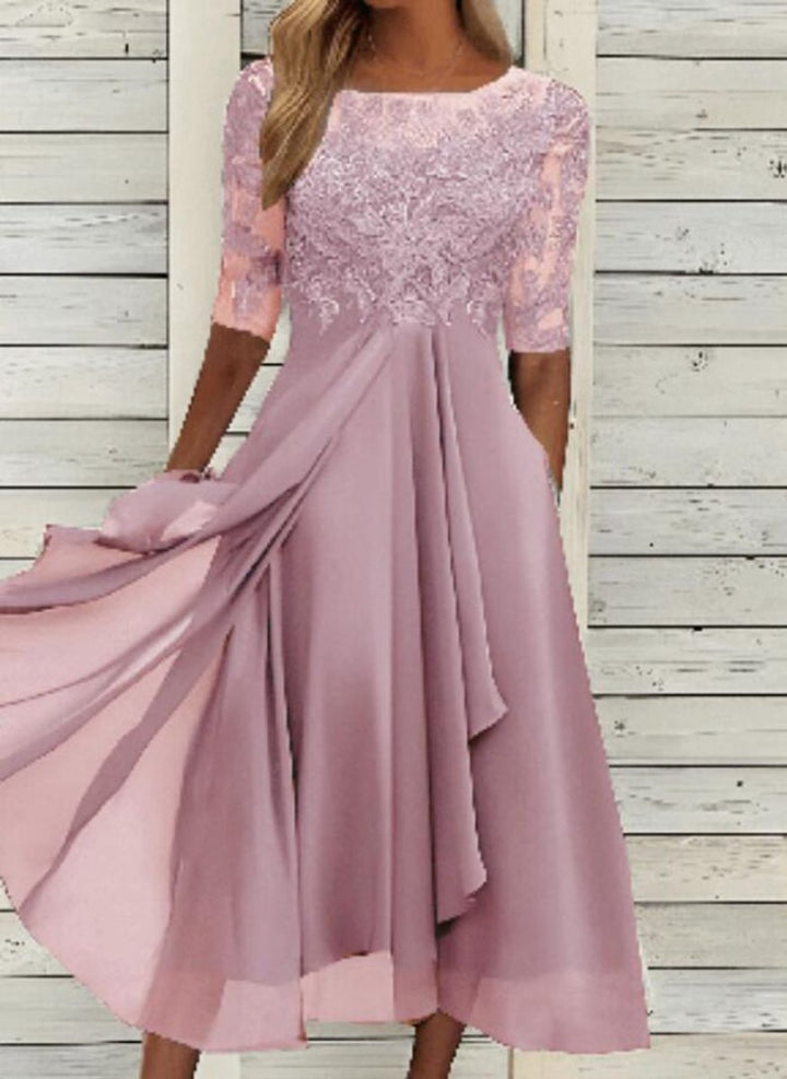 Women's V-Neck Lace Bodice Chiffon Fall Midi Dress