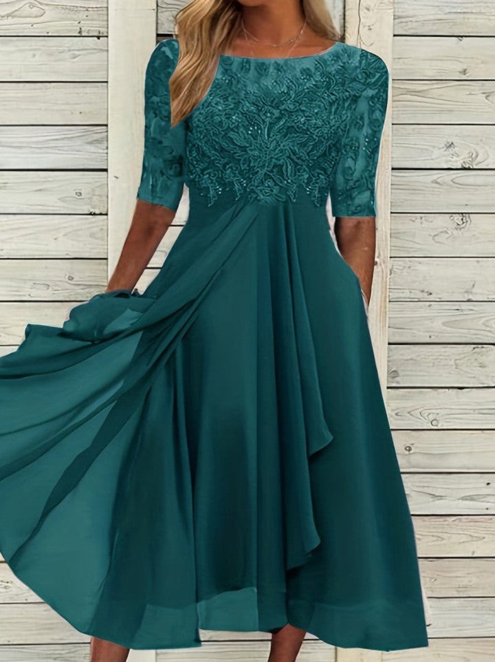 Women's V-Neck Lace Bodice Chiffon Fall Midi Dress