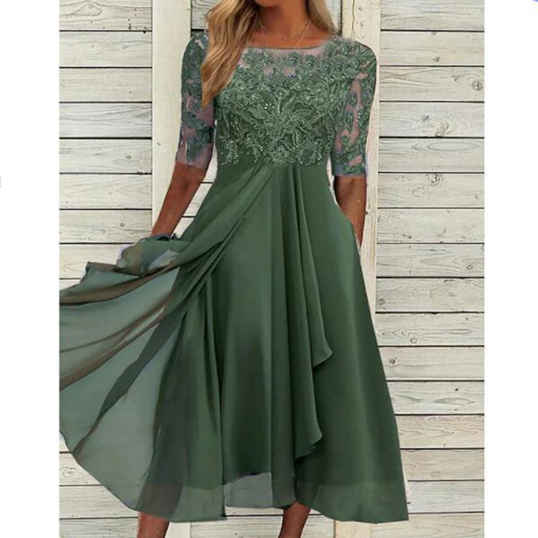 Women's V-Neck Lace Bodice Chiffon Fall Midi Dress