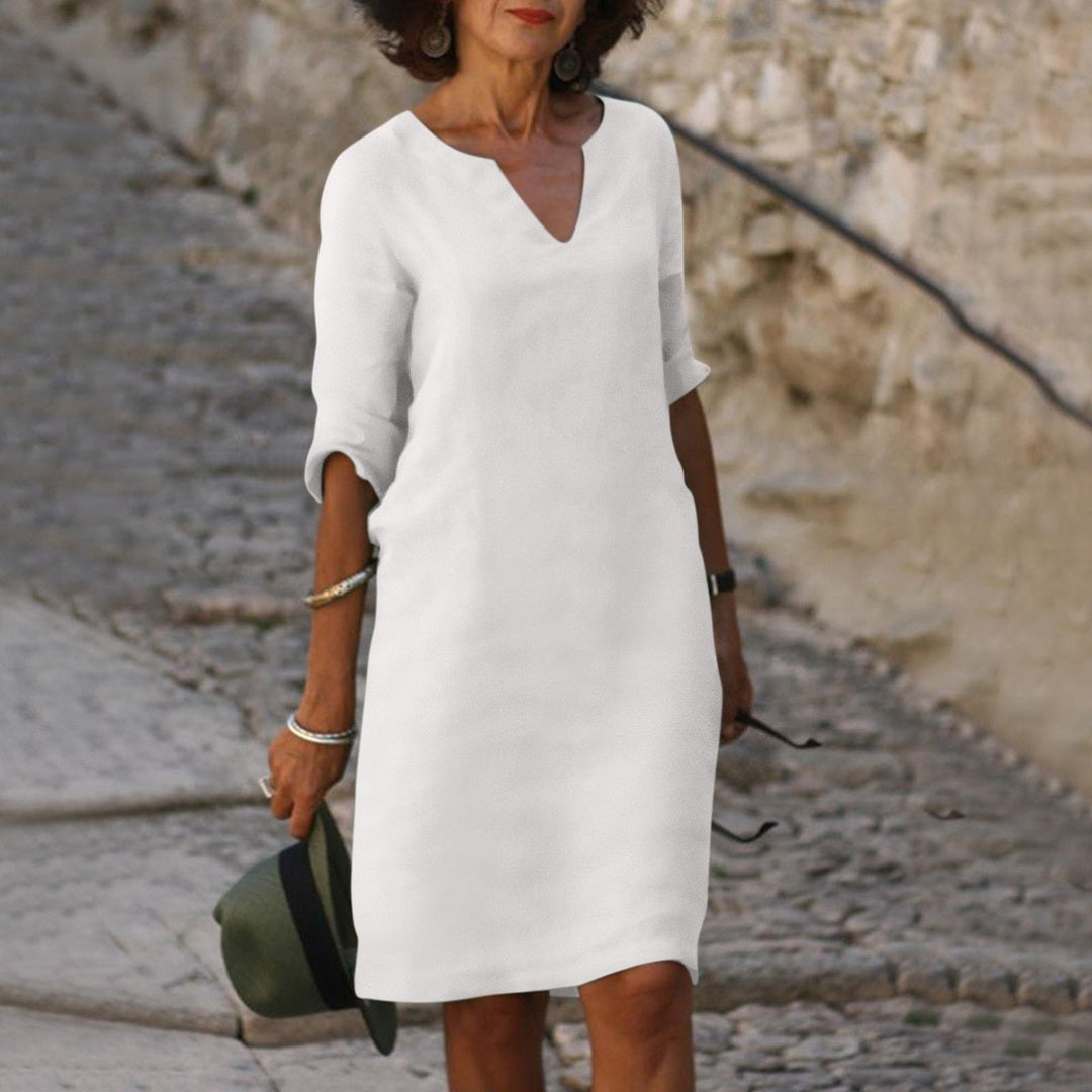Women's V-Neck Linen Fall Midi Dress 3/4 Sleeve Shift