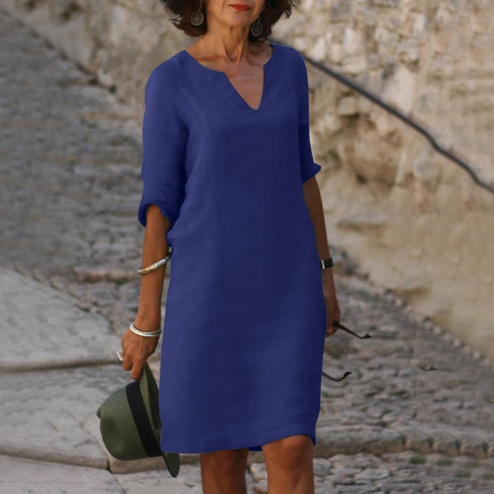 Women's V-Neck Linen Fall Midi Dress 3/4 Sleeve Shift