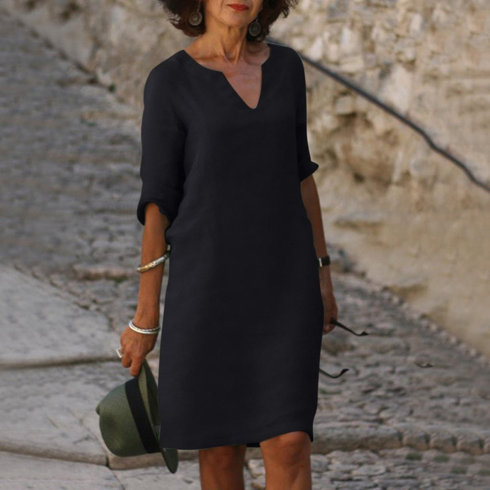 Women's V-Neck Linen Fall Midi Dress 3/4 Sleeve Shift