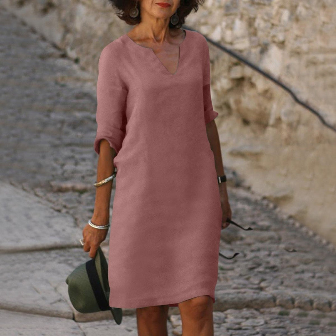 Women's V-Neck Linen Fall Midi Dress 3/4 Sleeve Shift