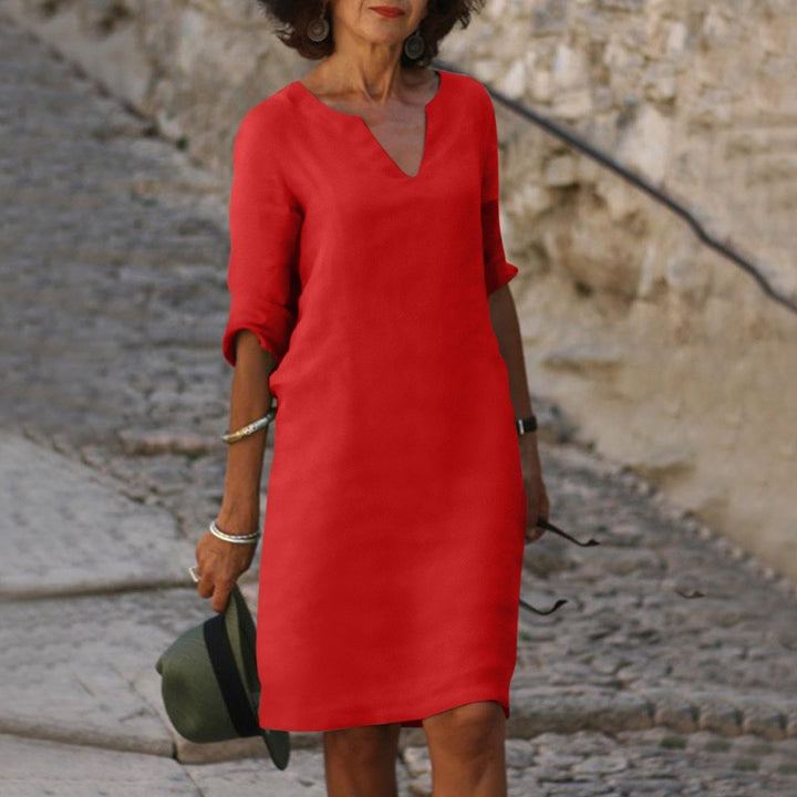 Women's V-Neck Linen Fall Midi Dress 3/4 Sleeve Shift