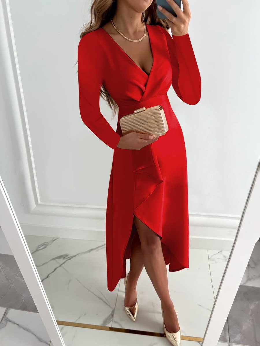 Women's V-Neck Long Sleeve Fall Dress Ruffle Midi Sheath Slit - Red