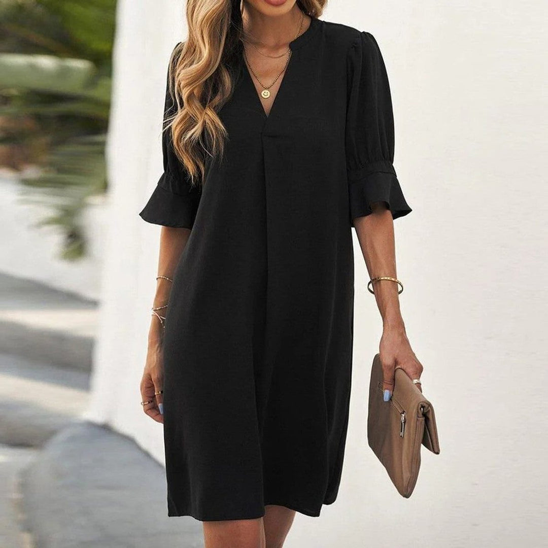 Women's V-Neck Loose Shift Midi Formal Dress Ruffle Sleeves