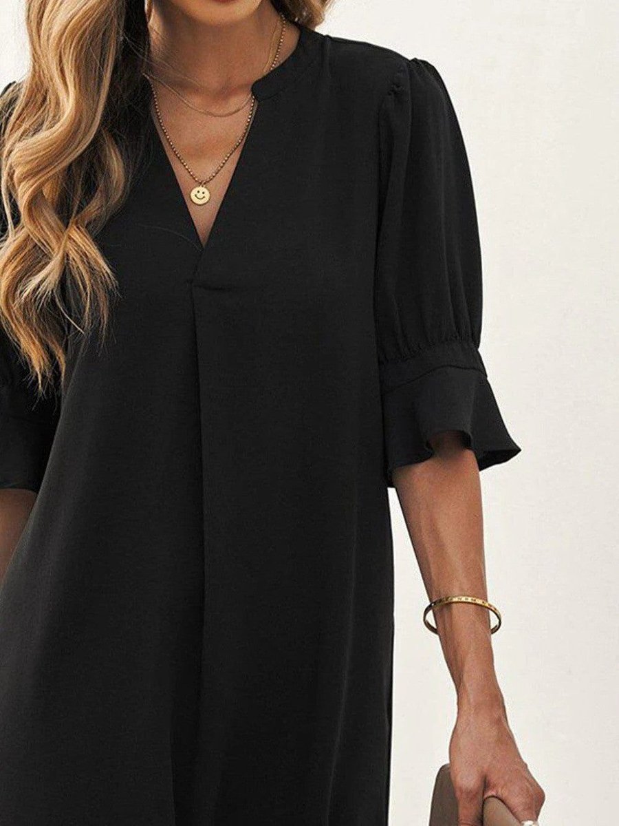Women's V-Neck Loose Shift Midi Formal Dress Ruffle Sleeves