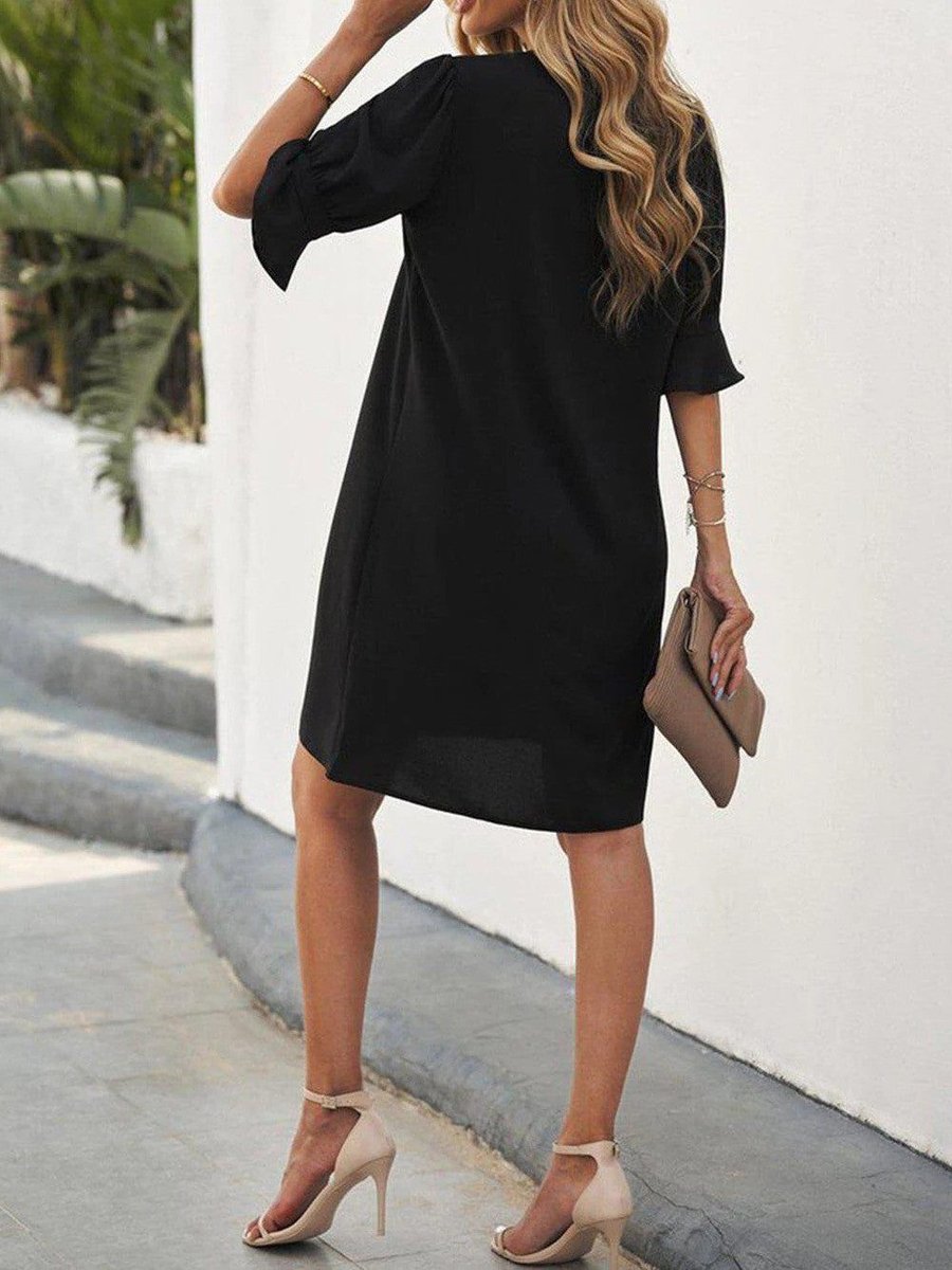 Women's V-Neck Loose Shift Midi Formal Dress Ruffle Sleeves