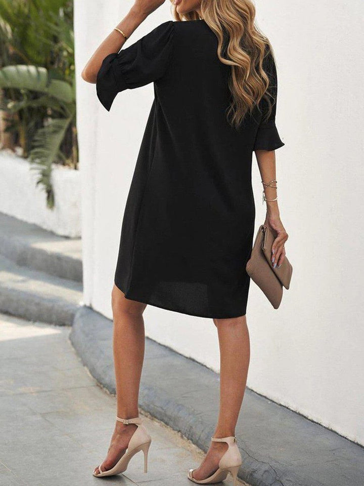Women's V-Neck Loose Shift Midi Formal Dress Ruffle Sleeves