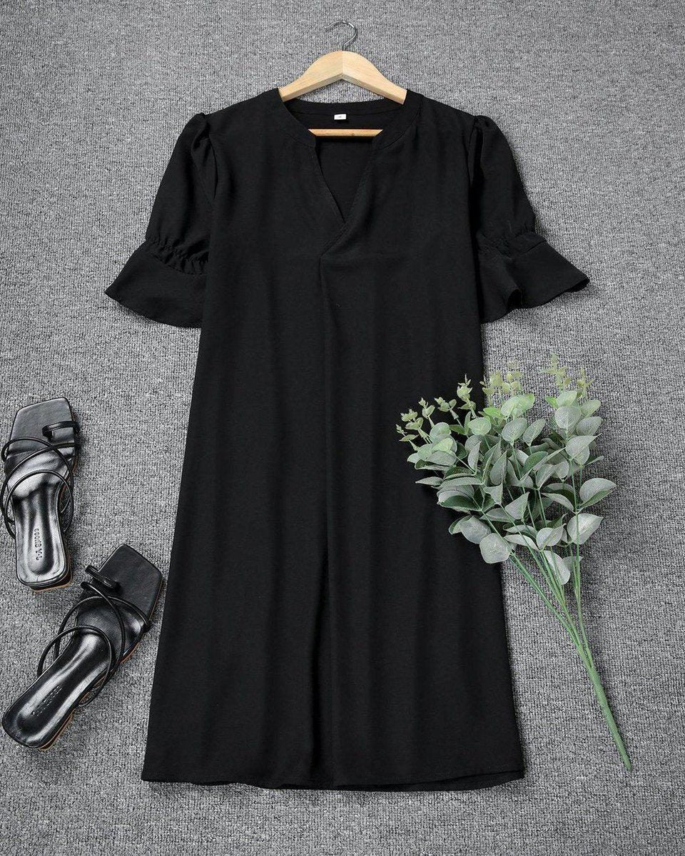 Women's V-Neck Loose Shift Midi Formal Dress Ruffle Sleeves