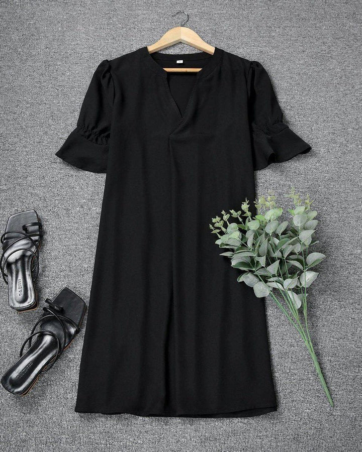 Women's V-Neck Loose Shift Midi Formal Dress Ruffle Sleeves