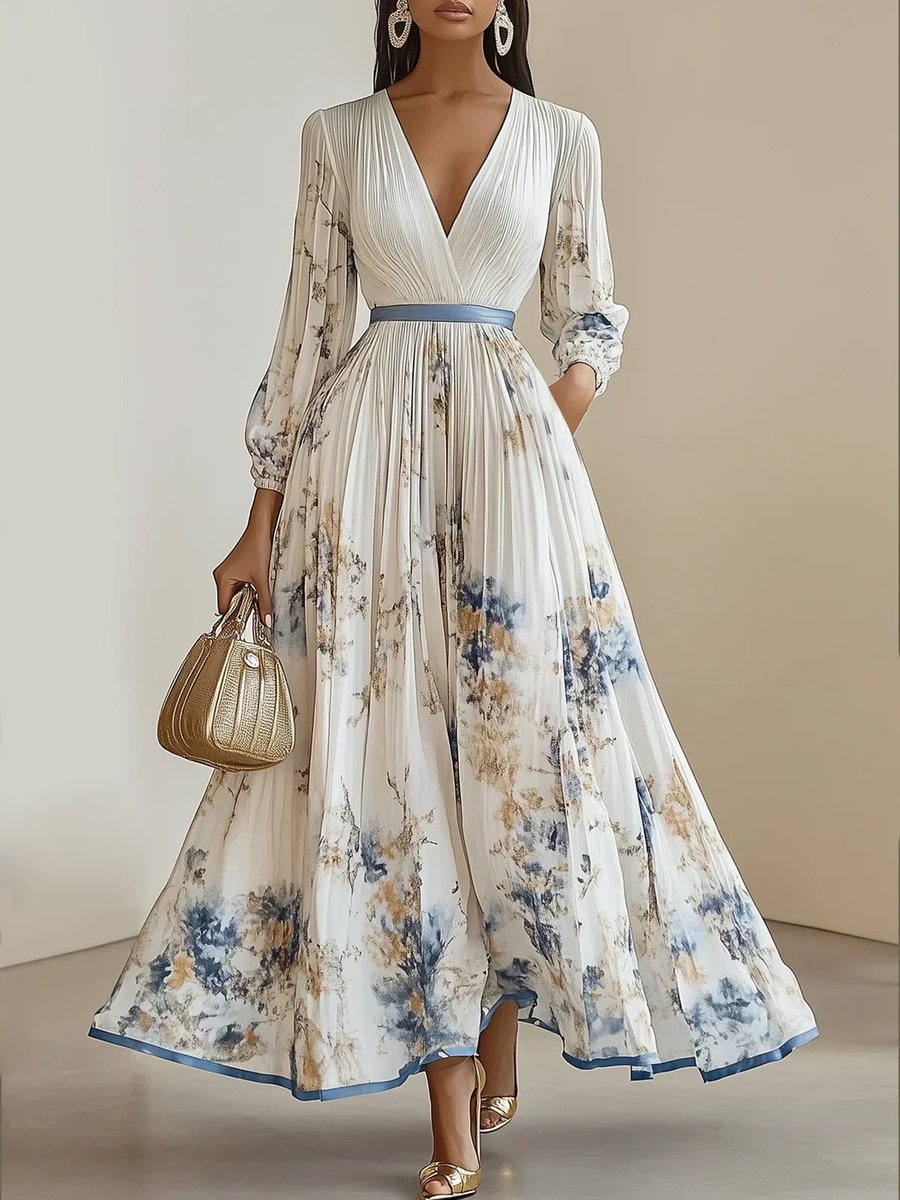 Women's V-Neck Pleated Floral Maxi Formal Dress Long Sleeve